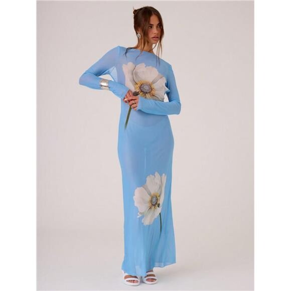 Women's Semi Sheer Floral Print Backless Maxi Dress - Picture 4 of 5